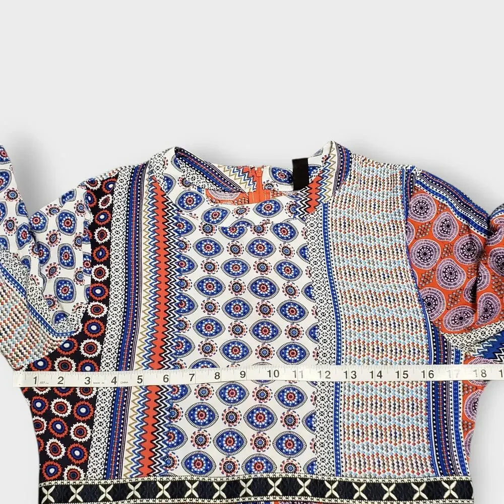 Valija Medallion Print‎ Patchwork Flare Sleeve Mini Dress Medium Multicolor Boho